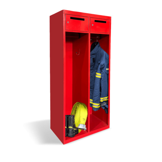 Feuerwehrgarderobe mit Spinden und großem Haken.